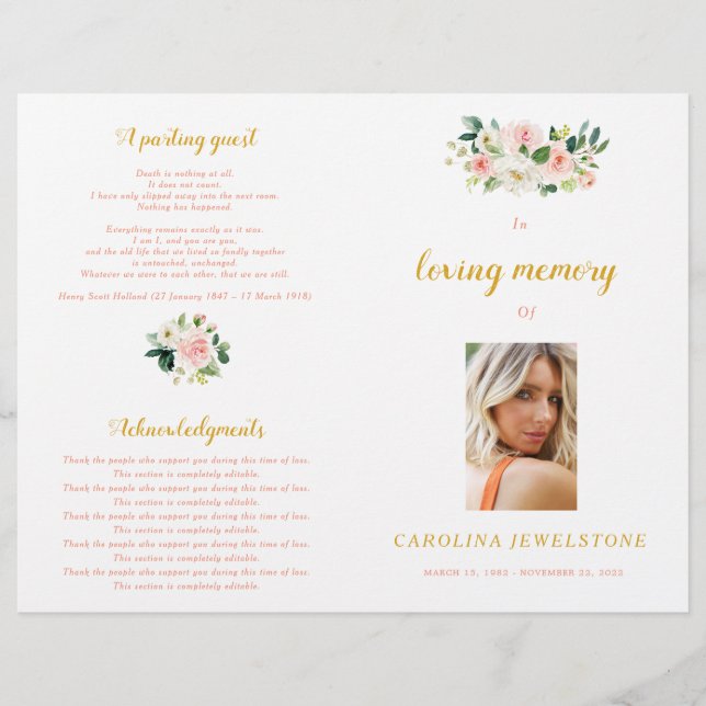 Pink And Gold Woman Celebration Of Life Program (Frente)