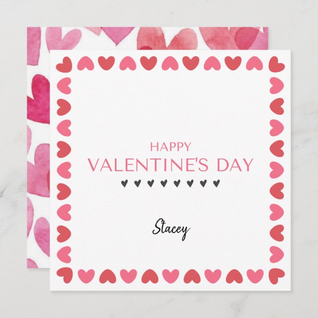 Pink and Red Heart Square Valentine Card (Frente/Verso)