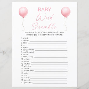 Pink Balloon Chá de fraldas Word Scramble