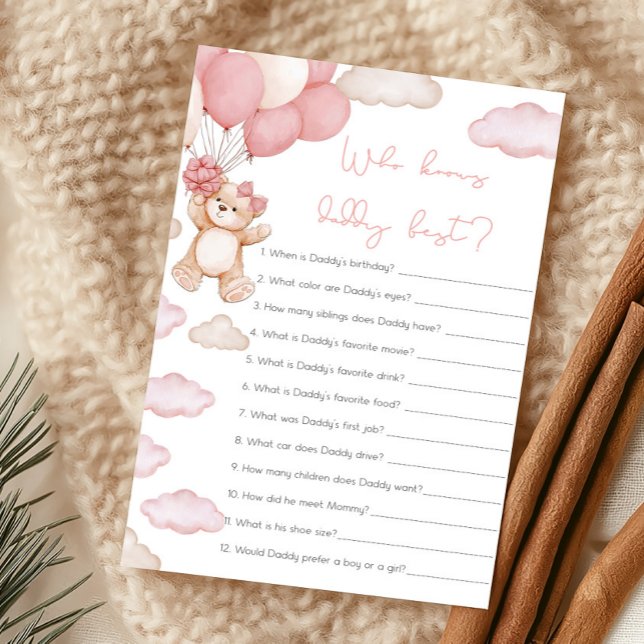 Pink Bearly Wait Who Knows Daddy Best Game (Girl Bear Balloon Baby Shower Who Knows Daddy Best Game)