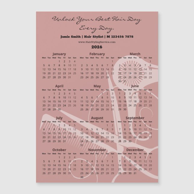 Pink Black Hair Stylist Tools 2026 Calendar Magnet (Frente)