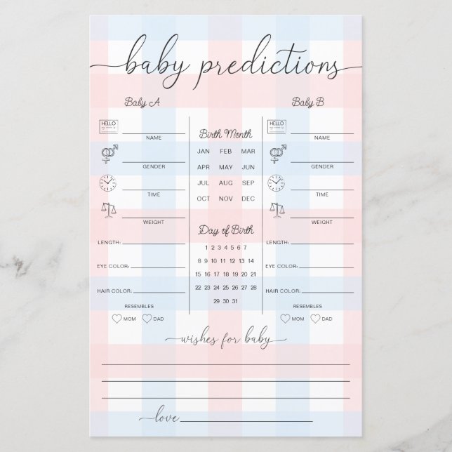 Pink Blue Gingham Twins Baby Predictions Game (Frente)