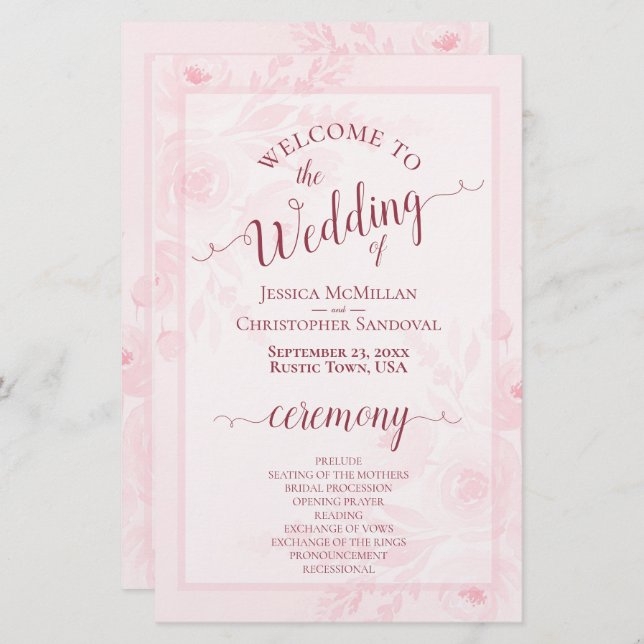 Pink Boho Chic Peonies Budget Wedding Program (Frente/Verso)