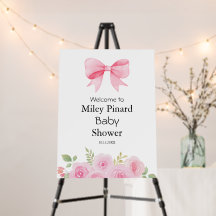 Pink Bow and Floral Baby Shower Welcome Sign