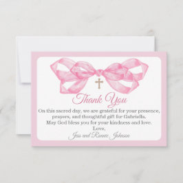 Pink Bow Baptism Thank You Card Watercolor Cross