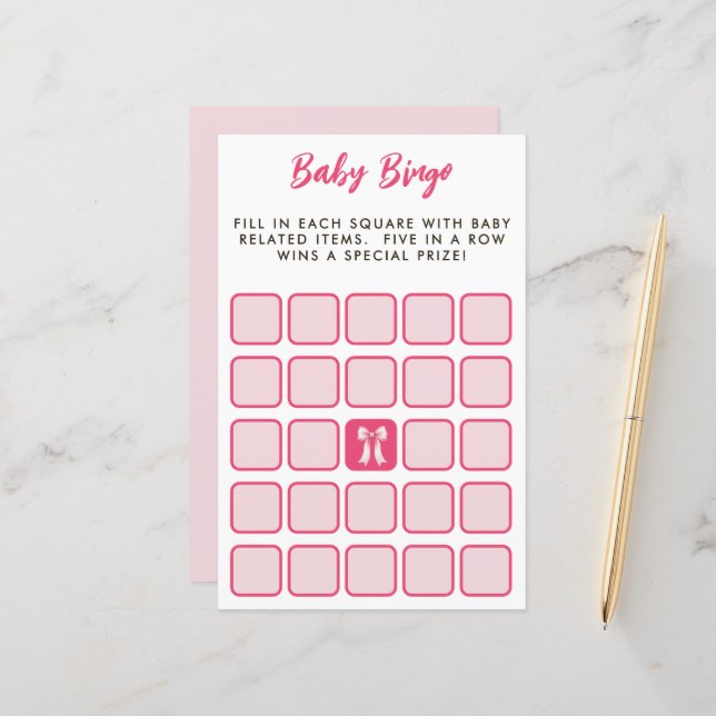 Pink Bow Bingo Baby Shower Game (Frente/Verso In Situ)
