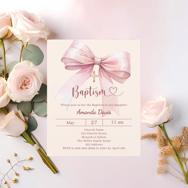 Pink bow cream girl elegant Baptism invitation (Criador carregado)
