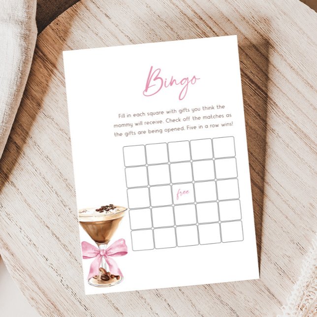 Pink Bow Espresso Martini Baby Shower Bingo Game (Espresso Baby Shower Game)