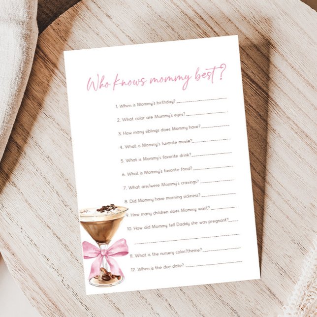 Pink Bow Espresso Martini Chuveiro Quem Sabe Jogo (Espresso Baby Shower Game)