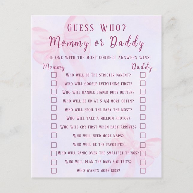 Pink Bow Guess Who Mommy or Daddy Baby Shower Game (Frente)