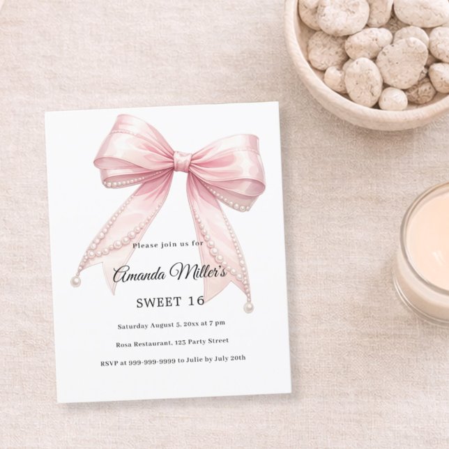 Pink bow pearls elegant Sweet 16 invitation (Criador carregado)