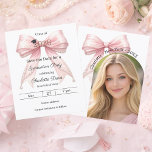 Pink bow photo Graduation party Save the Date card<br><div class="desc">Announce your milestone with this Coquette Graduation Save the Date. The design features a lush blush pink bow embellished with delicate pearl strands and a classic mortarboard icon. Perfect for the stylish senior girl looking to share her portrait with family and friends. 

1 sheet = 1 Save the Date</div>