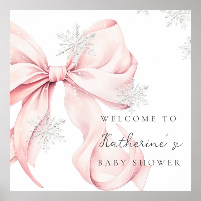 Pink Bow Snowflakes Baby Shower Welcome Poster (Frente)