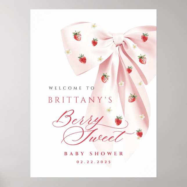 Pink Bow Strawberry Baby Shower Poster (Frente)