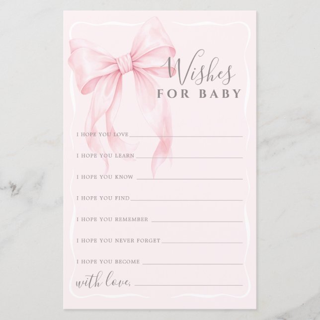 Pink Bow Wishes Advice Game for Girl Baby Shower  (Frente)