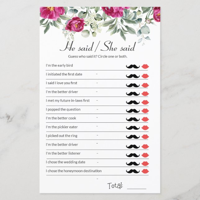 Pink Bridal Shower Game He Said She Said (Frente)