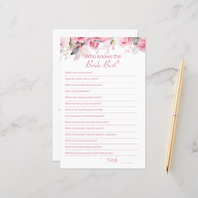 Pink Bridal Shower How well do you know Game Card (Frente/Verso In Situ)