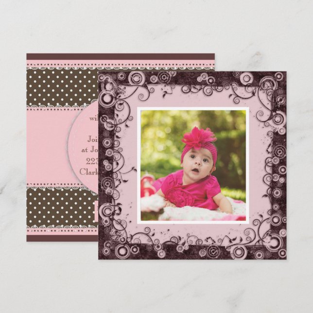 Pink & Brown Baby First Birday Convite (Frente/Verso)