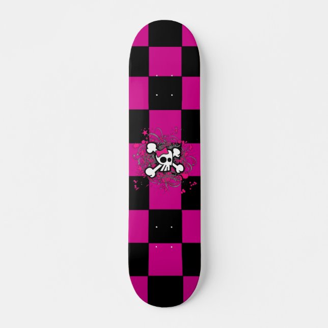Pink Checker Girly Skull Skateboard (Frente)