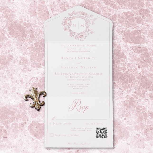 Pink Chinoiserie Bird Crest Casamento QR (Elegant Pink Chinoiserie Bird Crest Wedding QR All All In One Invitation)