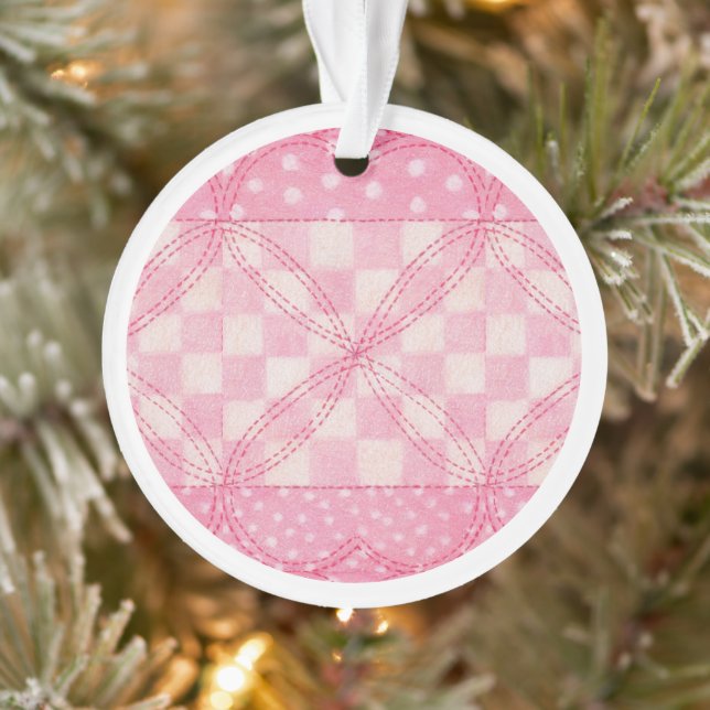 PINK CORAÇÃO QUILT Circular acrílico Ornamento (Árvore)