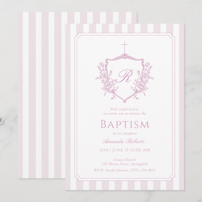 Pink Crest Monograma Baptism Convite (Frente/Verso)