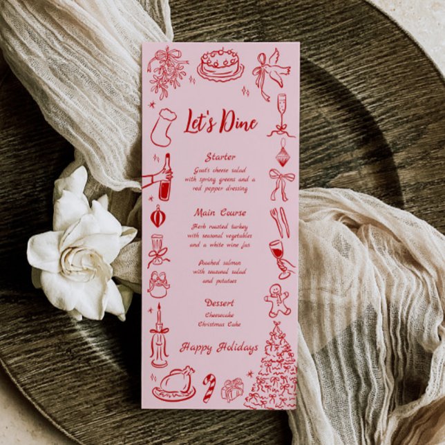 Pink Doodle Christmas Menu Quirky Fun Holiday Menu (Quirky Christmas Menu)