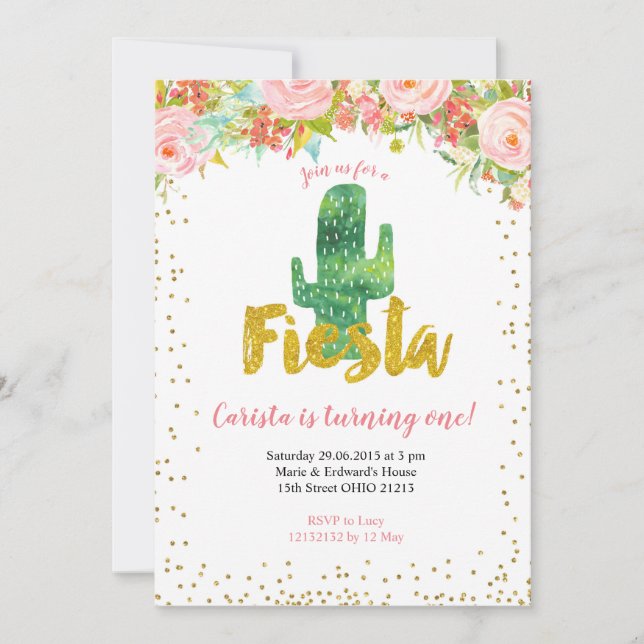 Pink Dourado Fiesta Primeiro Convite de Aniversári (Frente)