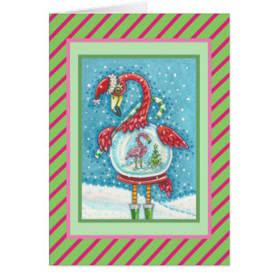 PINK FLAMINGO SNOWGLOBE, CHRISTMAS GREETING CARTÃO