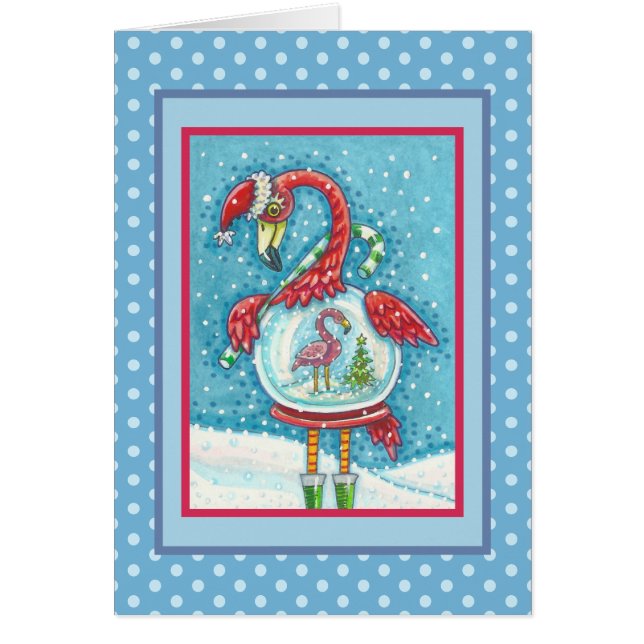 PINK FLAMINGO SNOWGLOBE, CHRISTMAS GREETING CARTÃO (Frente)