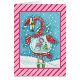 PINK FLAMINGO SNOWGLOBE, CHRISTMAS GREETING CARTÃO