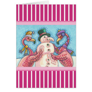PINK FLAMINGO SNOWMAN, CHRISTMAS GREEETING CARTÃO 