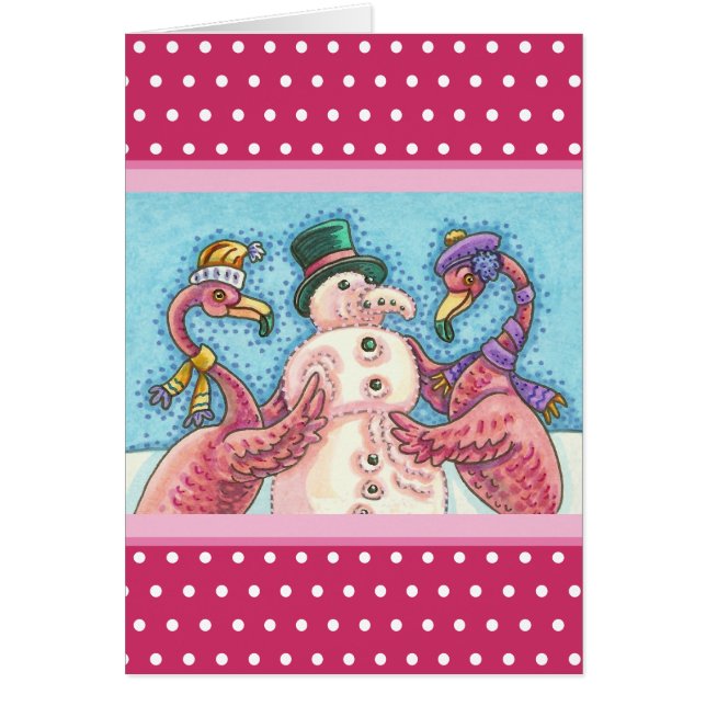 PINK FLAMINGO SNOWMAN, CHRISTMAS GREEETING CARTÃO  (Frente)