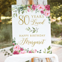 Pink Floral 80th Birthday Welcome Sign, 80 Years