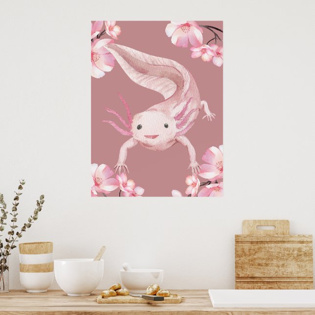 Pink Floral Axolotl Poster (Cozinha)