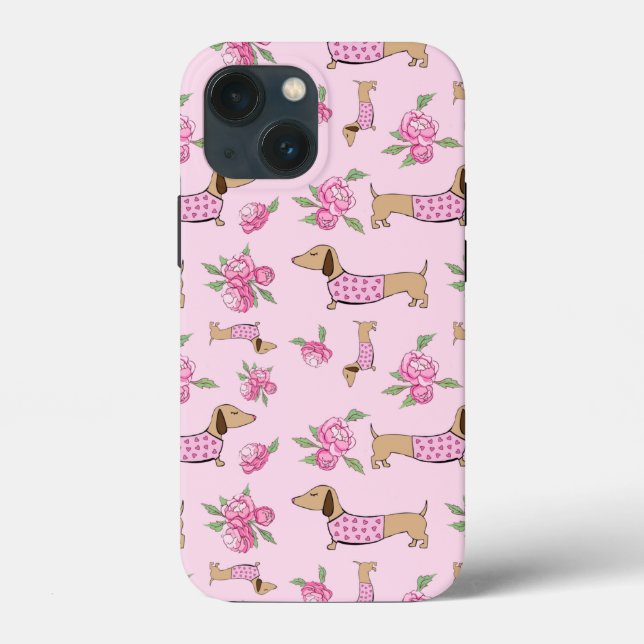 Pink Floral Dachshund Themed Telefone (Verso)