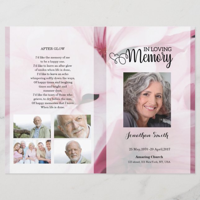 Pink floral Funeral Program template (Frente)