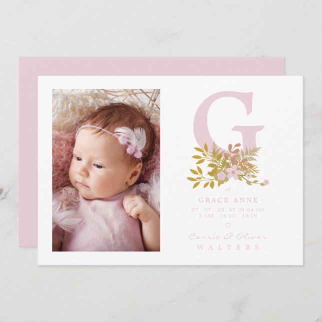 Pink Floral Garland Initial Baby Newborn Name (Frente/Verso)
