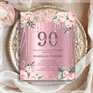 Pink Floral Glitter Budget 90 Aniversário Convite