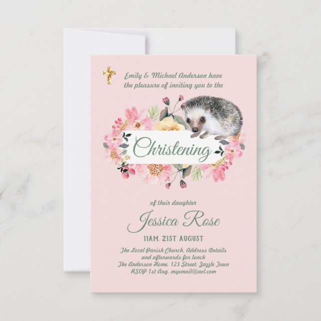 Pink Floral Hedgehog Christening Convida Baptismo (Frente)