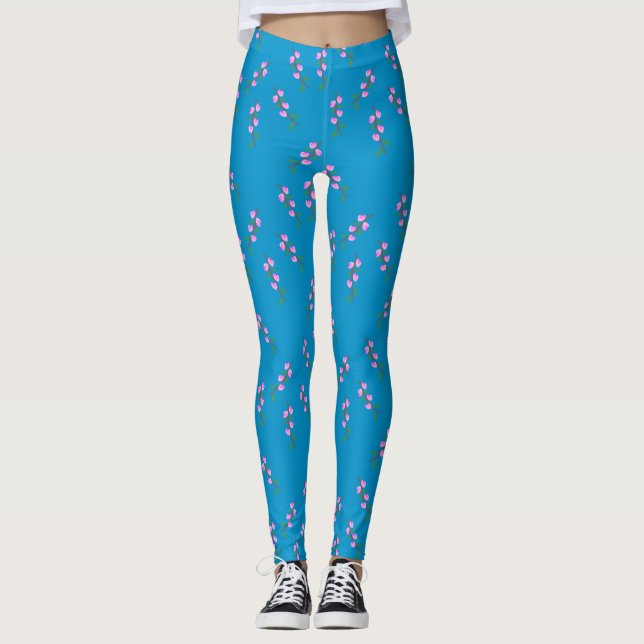 Pink Flower Branches on Blue Leggings (Frente)