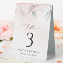 Pink Flowers, Greenery, Baptism Table Numbers