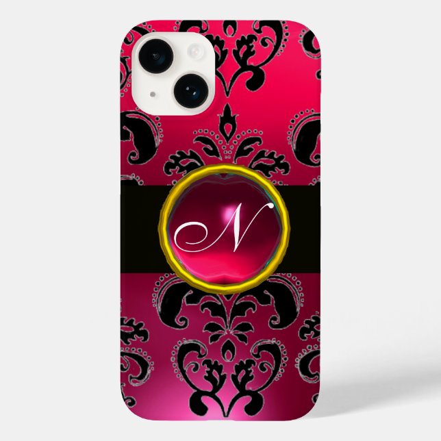 PINK FUCHSIA DAMASK MONOGRAM, Ruby Gemstone (Verso)