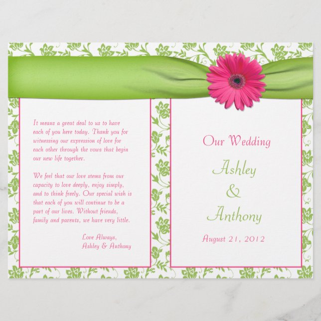 Pink Gerbera Daisy Green - Programa de Casamento F (Frente)