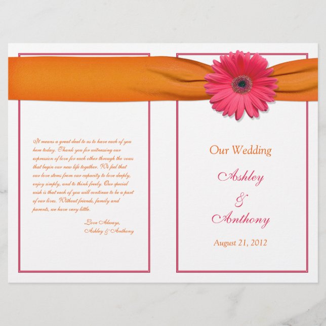 Pink Gerbera Daisy Orange Ribbon Wedment Program (Frente)