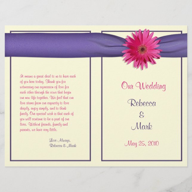 Pink Gerbera Daisy Purple Ribbon Wedment Program (Frente)