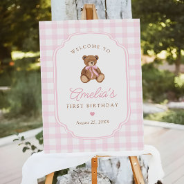 Pink Gingham Teddy Bear 1st Birthday Welcome