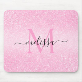 Pink Glitter Script Name Monograma Mouse Pad