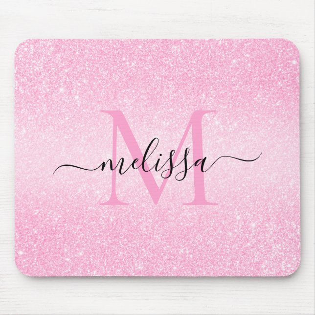 Pink Glitter Script Name Monograma Mouse Pad (Frente)
