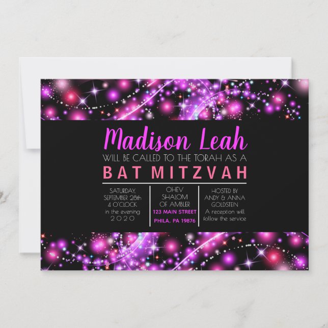 PINK GLOTING STARS Bat Mitzvah Convite (Frente)
